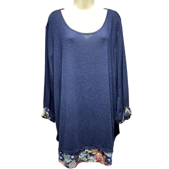 Catherines 2X Plus Size Blue Tunic Long Sleeve Top With Floral Accents - Picture 1 of 9